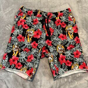 No Boundaries Men's Medium Tiger Hibiscus Floral Graphic Shorts Raw Hem 32-34